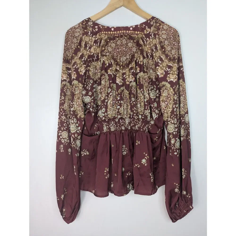 Free People Run Free Floral Tie Button Front Long Sleeve Blouse Boho